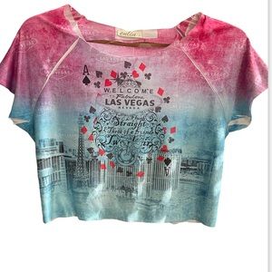 💕5 for $20 ENLIN Las Vegas Back cutout  top in blue & pink Las Vegas print Sz S